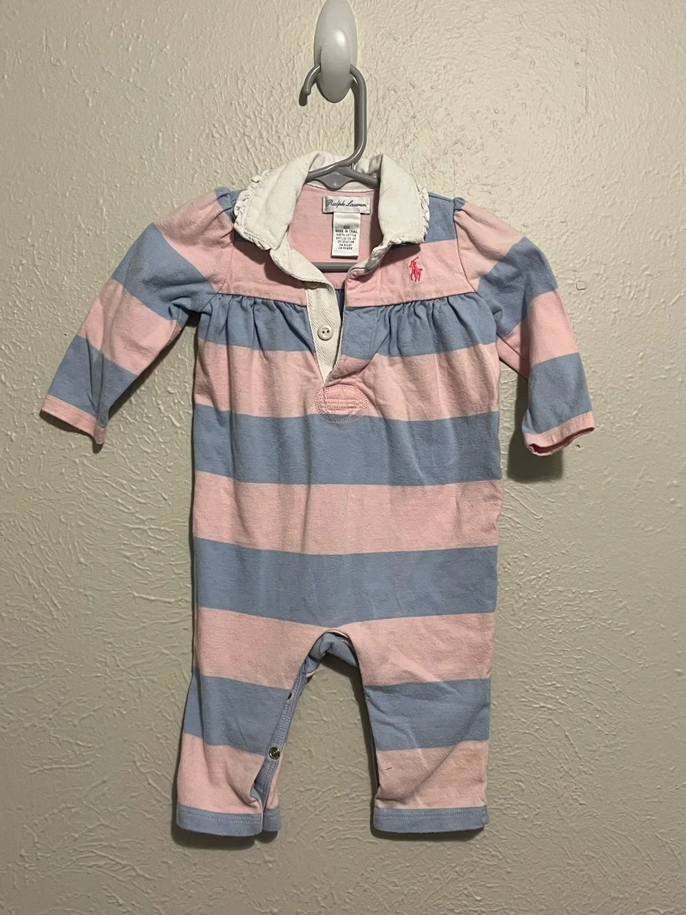 Vintage Ralph Lauren Girl Romper Long Sleeve Stripes Blue Pink 6M 100% Cotton